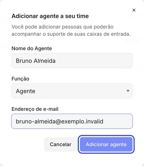 Janela “Adicionar agente a seu time” com os campos Nome do Agente, Função (Agente selecionado) e Endereço de e-mail preenchidos com dados de exemplo, e o botão “Adicionar agente” destacado.
