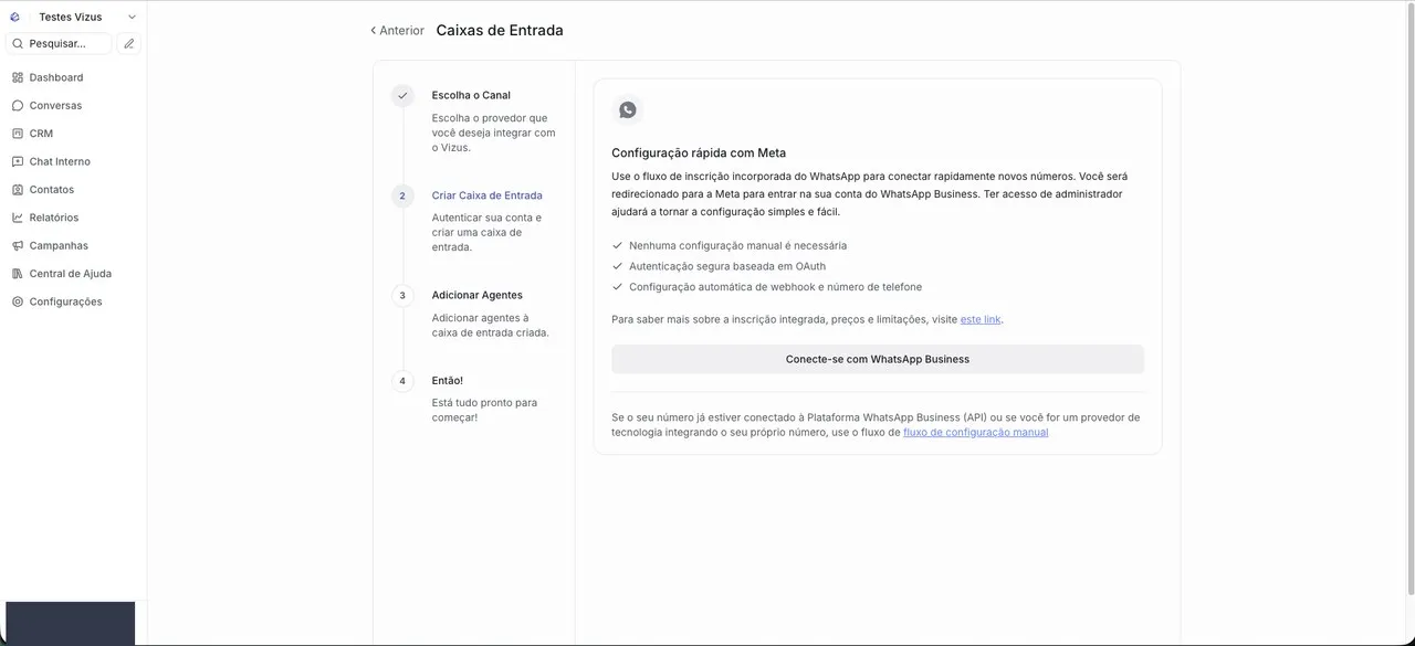 Tela “Configuração rápida com Meta” do Vizus Chat, com o botão “Conecte-se com WhatsApp Business”.