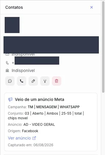 Painel do contato no Vizus Chat mostrando campanha, conjunto e anúncio de origem do lead. Nome e telefone tarjados.