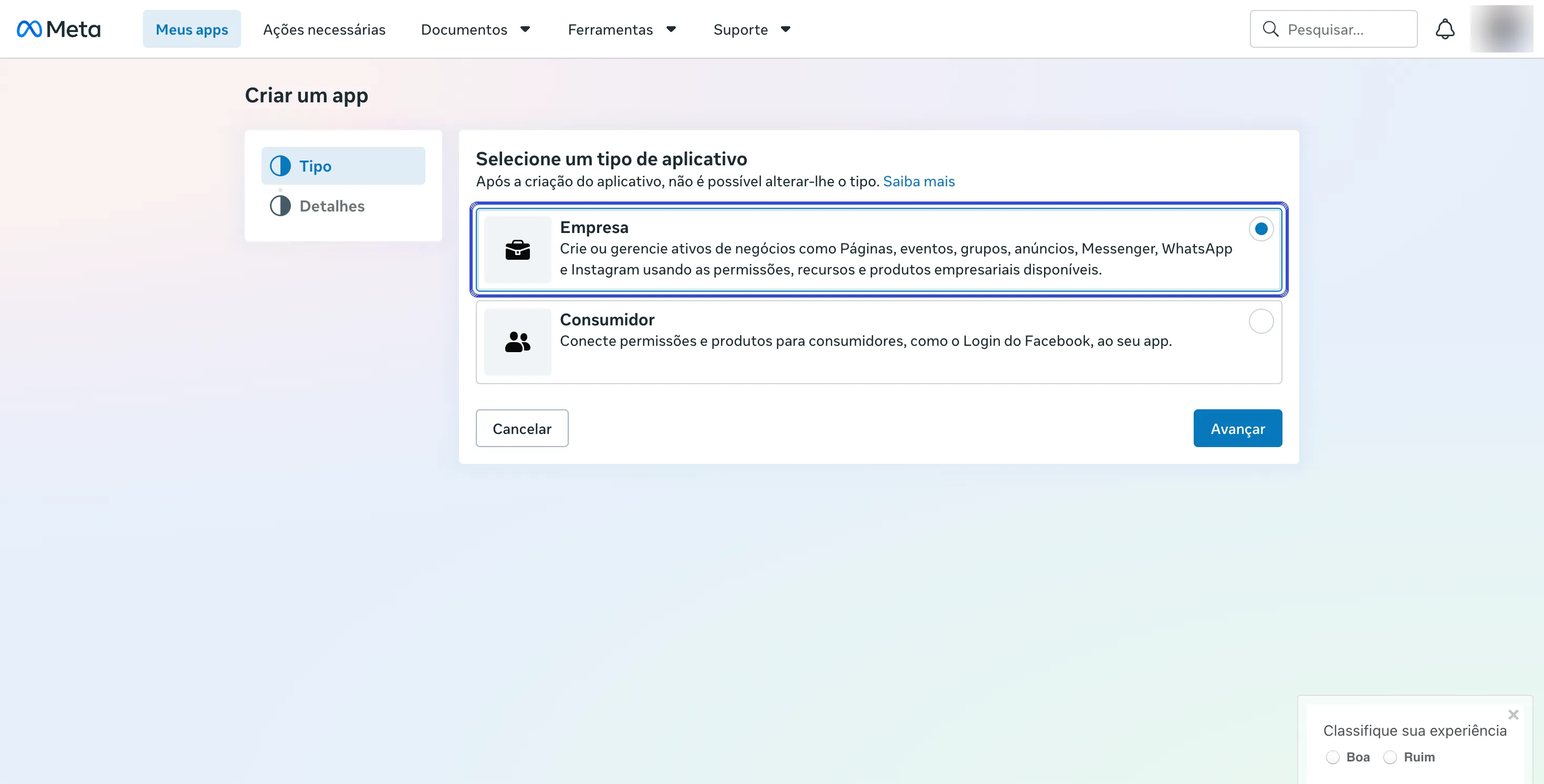 Tela Selecione um tipo de aplicativo, com a opção Empresa marcada.