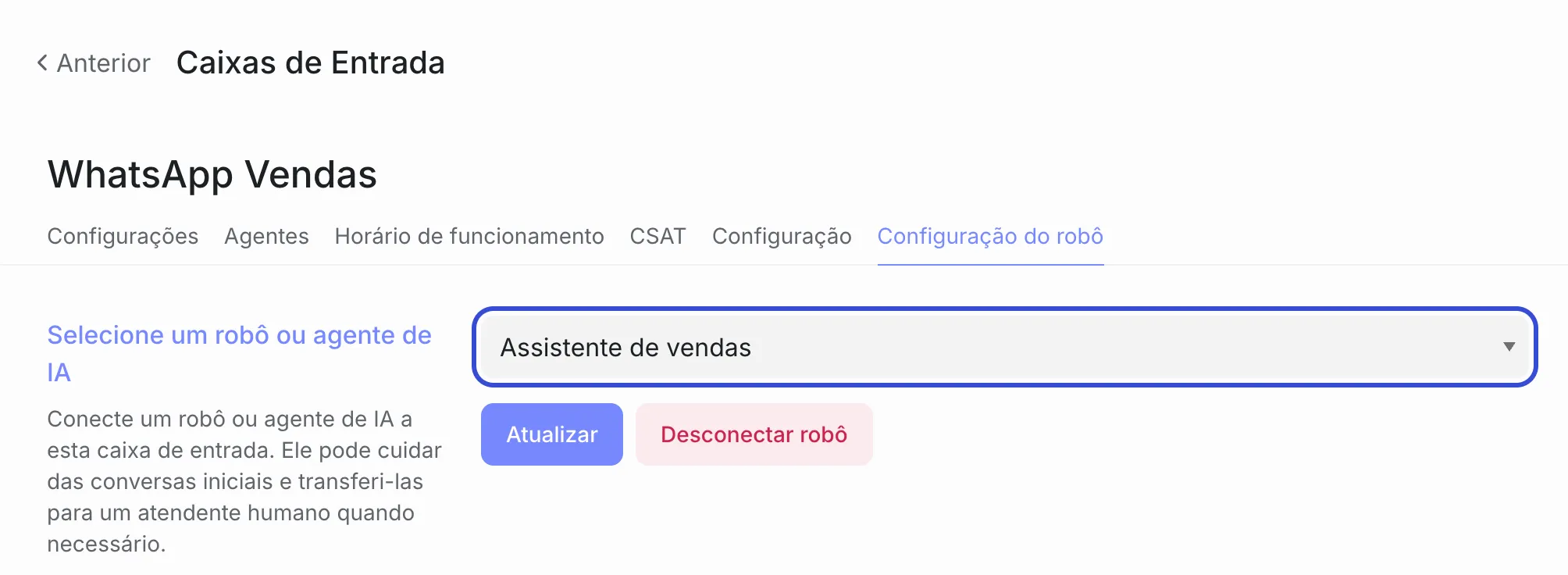 Aba “Configuração do robô” da caixa WhatsApp Vendas, com “Selecione um robô ou agente de IA” e o seletor preenchido com “Assistente de vendas” (destacado), e os botões “Atualizar” e “Desconectar robô”.