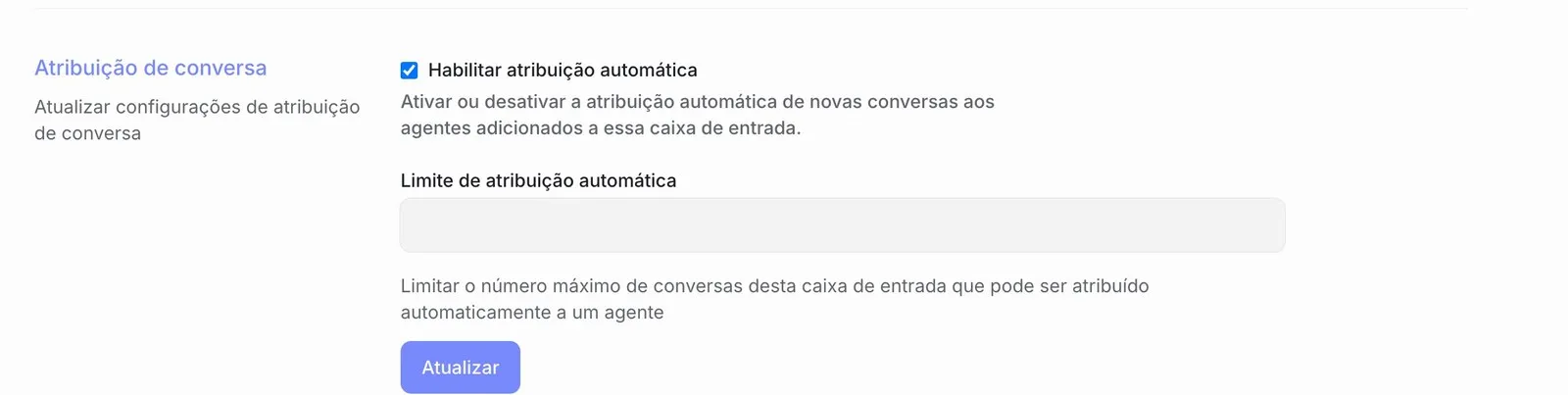 Seção “Atribuição de conversa” da caixa de entrada, com a opção “Habilitar atribuição automática” marcada, o campo “Limite de atribuição automática” vazio e o botão “Atualizar”.
