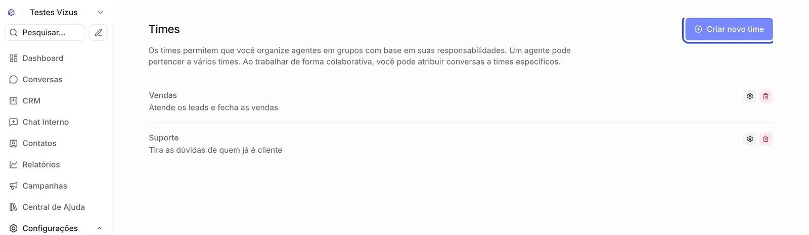 Tela “Times” do Vizus Chat com dois times de exemplo, Vendas e Suporte, cada um com sua descrição, e o botão “Criar novo time” destacado no canto superior direito.