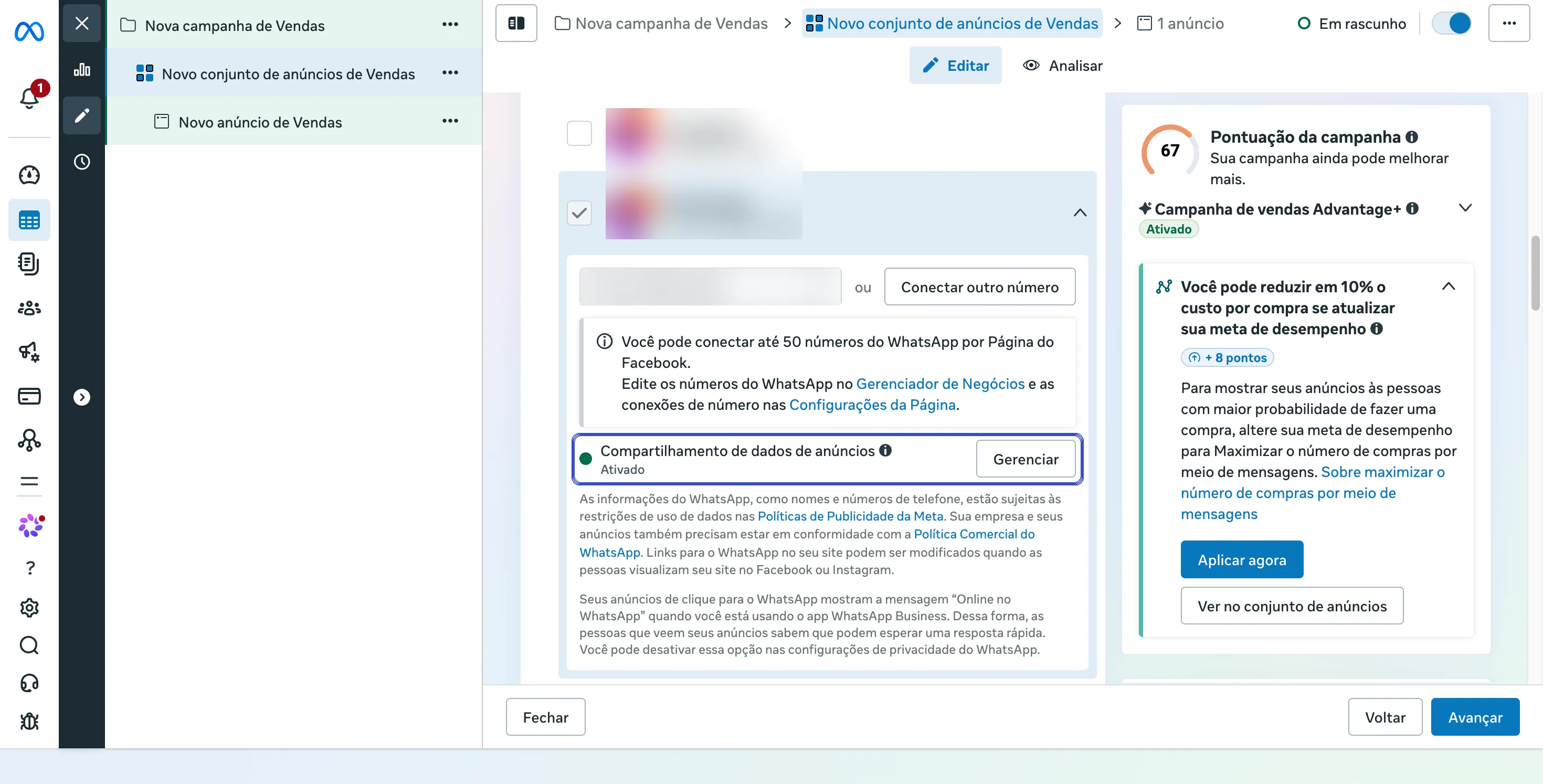 Conjunto de anúncios no Gerenciador de Anúncios, destino WhatsApp, com a linha Compartilhamento de dados de anúncios Ativado destacada.