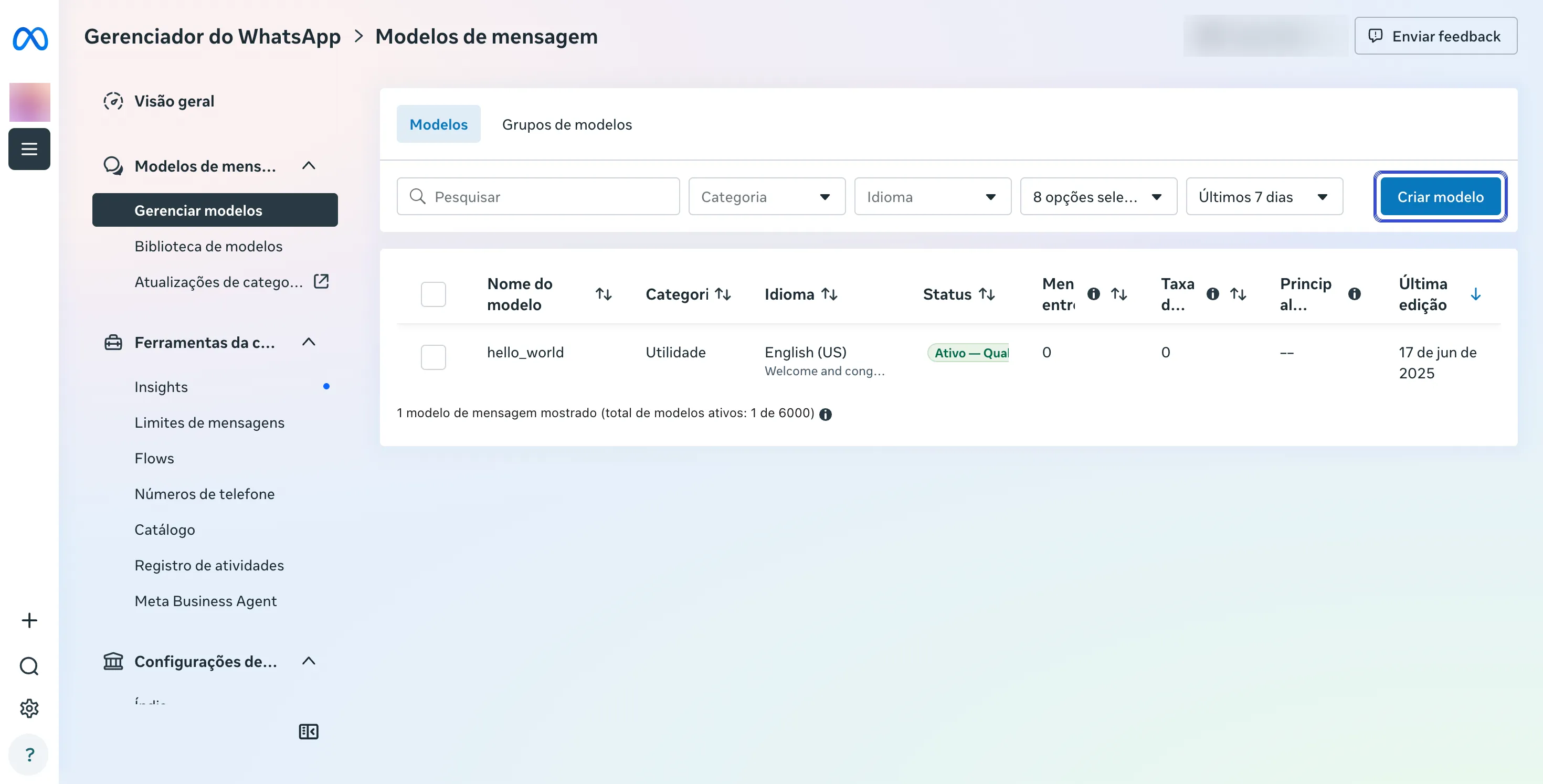 Gerenciador do WhatsApp, Modelos de mensagem → Gerenciar modelos, com a lista de modelos e o botão Criar modelo destacado.
